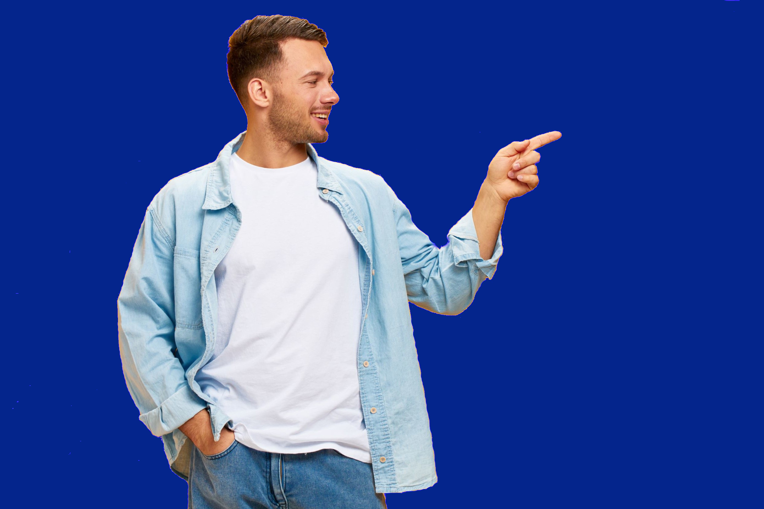 Man Pointing Right Purplish Shutterstock 2171508291